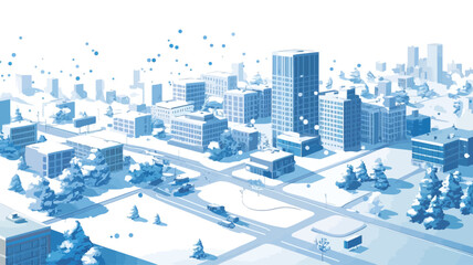 A digital illustration depicting a stylized cityscape rendered in a low-polygonal style.  The color palette is predominantly blue and white, suggesting a winter or cold climate.
