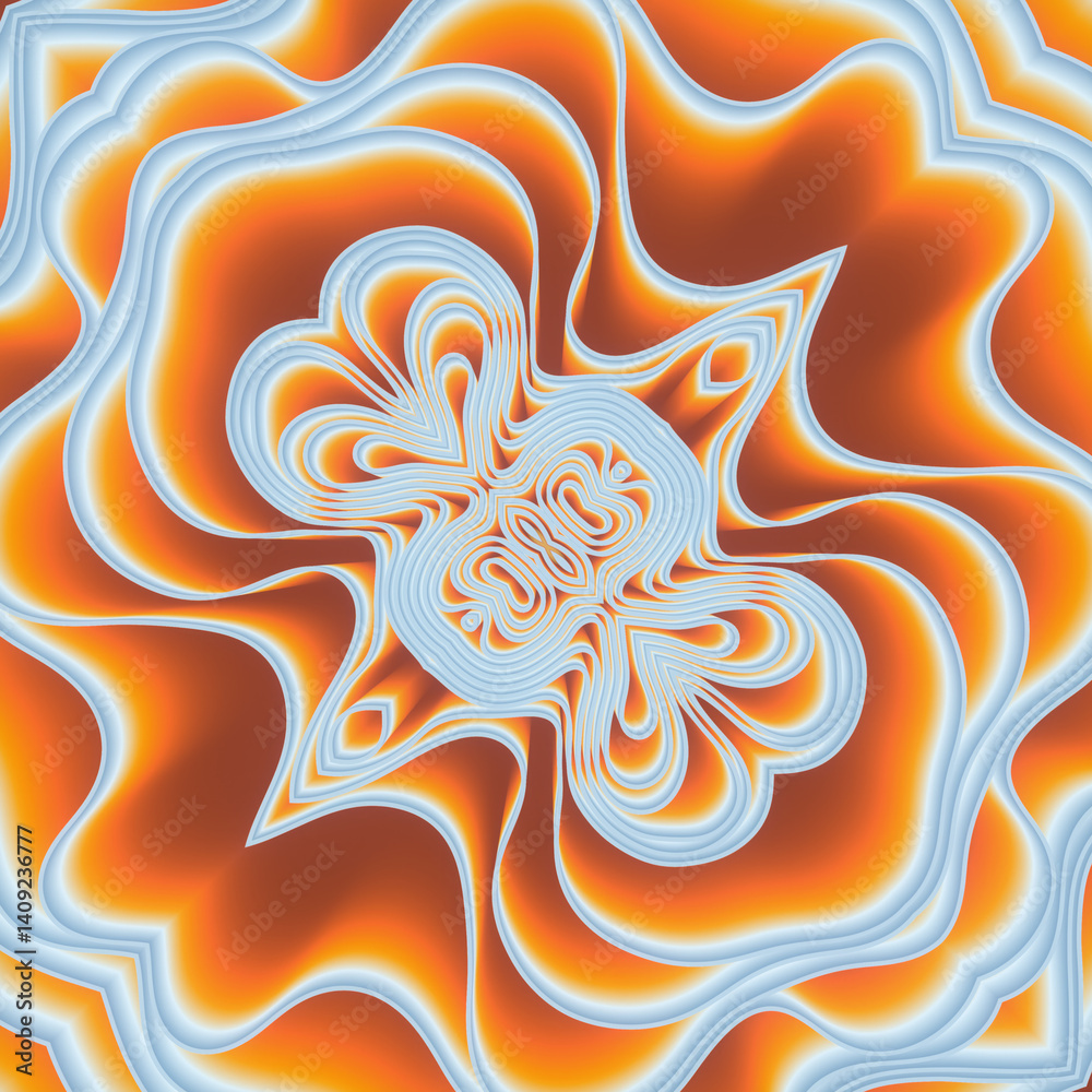 Leinwandbilder An illustration of abstract, layered shapes that evoke the soft curves of fabric. Deep blues and oranges with soft highlights create an atmosphere of neon glow. Symmetrical composition. 3d rendering
