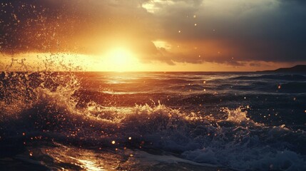 Waves crashing at sunset