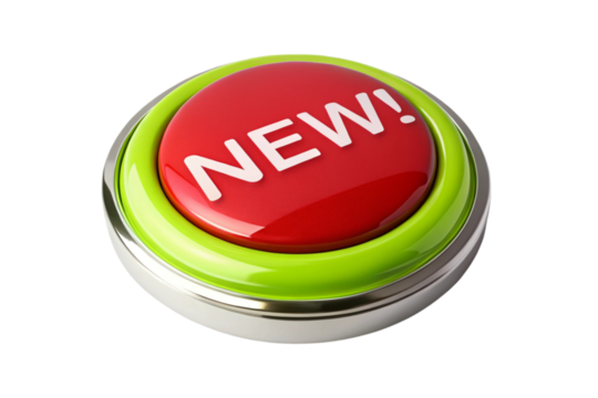 Red new button for promotions and call to action designs, isolated on a Transparent Background