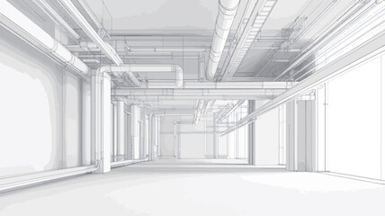 The image is a digitally rendered architectural visualization of a large, empty interior space. The space is entirely white, featuring a complex network of pipes and ducts running across 