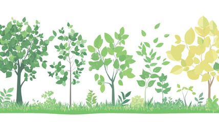 A digital illustration depicting a horizontal row of various trees and shrubs with different leaf types and shades of green and yellow.  The trees vary in size and maturity