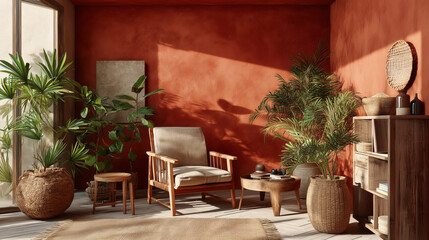 Fototapeta premium Modern living room, warm terracotta color scheme, wooden furniture and green plants