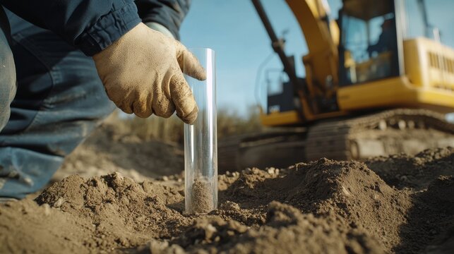 Geotechnical engineer testing soil samples at an excavation site. Featuring scientific analysis and precision