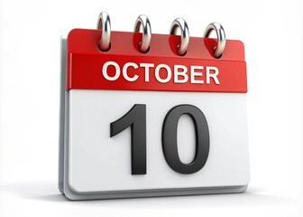Calendar On White Background 10th Oct 3D Illustration