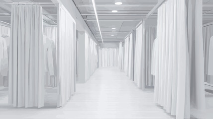 Fototapeta premium The image shows a long, brightly lit corridor. The walls and floor are white. White curtains hang from the ceiling, dividing the corridor into individual sections or rooms