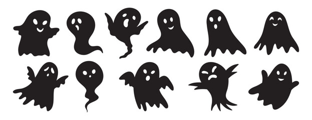 Obraz premium scary funny ghosts silhouette with faces set. Ghost Halloween decorative elements. Halloween silhouettes black ghost character