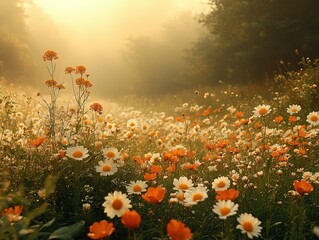 Field of flowers with misty background in warm sunlight.