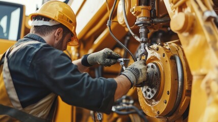 Heavy equipment mechanic repairing a hydraulic excavator at a construction site. Featuring expertise and problem-solving
