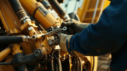 Heavy equipment mechanic tightening hydraulic hoses in an excavator. Featuring expertise and attention to detail