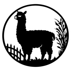 Fototapeta premium Silhouette of an Alpaca in a Circular Frame with Nature Elements