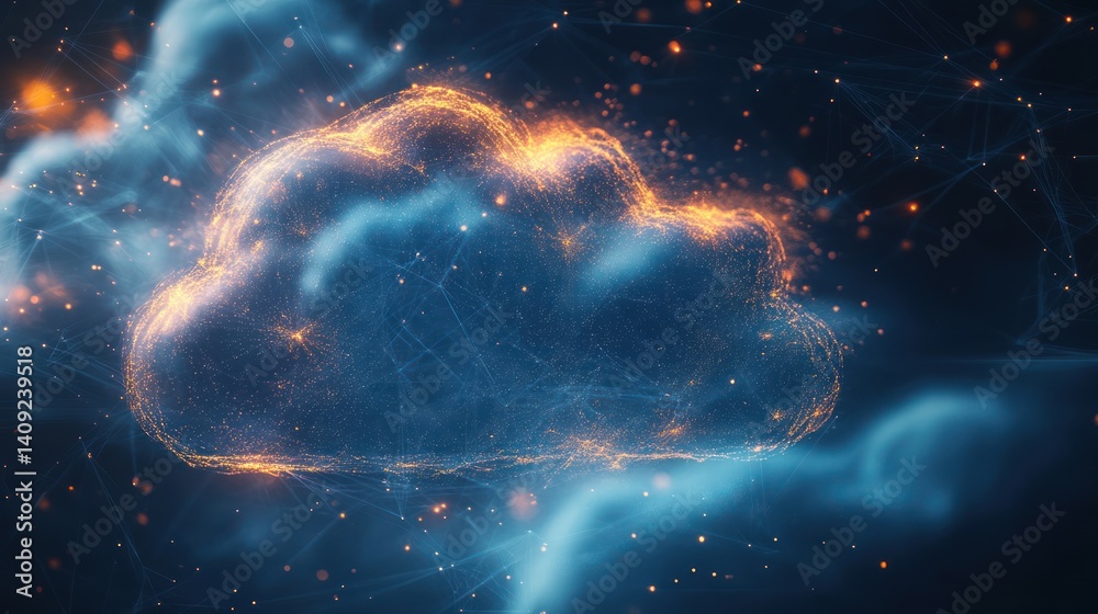 Poster digital cloud technology illuminated with particle effects and network connectivity