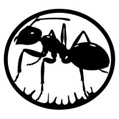 Silhouette of an ant within a rough circular frame, digitally rendered art