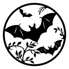 Naklejka premium Three bats flying amongst leaves, a silhouette encircled in a dark circle