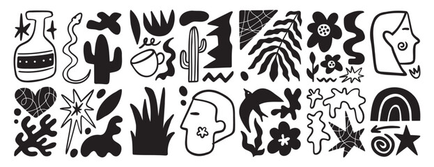 Matisse geometric doodle set organic shapes. Abstract floral naive art. Botanic elements boho aesthetics