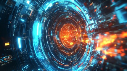 Obraz premium Abstract futuristic technology tunnel with bright neon blue and orange lights art data speed vivid