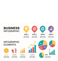 Vector infographic design template for business presentation, modern flat style with icons, graphs, and timeline elements, colorful and editable, white background, isolated