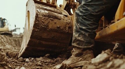 Heavy machinery operator controlling a backhoe loader at a construction site. Featuring precision and earth-moving skills