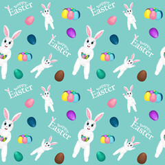 Seamless pattern with 3D elements featuring anthropomorphic Easter Bunny with decorated Easter eggs in his paws on a blue background. Happy Easter inscription. Perfect for wrapping paper and wallpaper