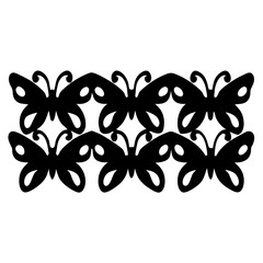 Six intricately designed black butterflies arranged in a symmetrical pattern on white