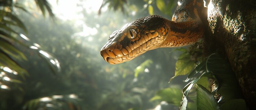 Snake on tree in jungle. Wildlife concept with fog in forest background