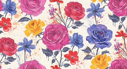 Colorful Floral Pattern with Roses, Flowers, and Watercolor Splatter Design