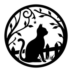 Whimsical black cat silhouette in garden with trees and stars design