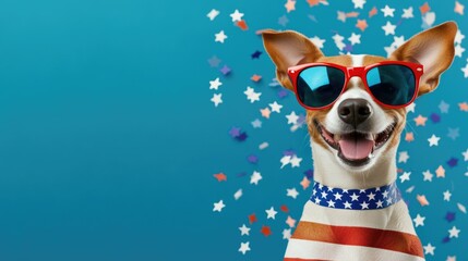 Fototapeta premium Patriotic dog with red sunglasses and starry background on blue. Independence Day, Fourth of July, July 4th - American Freedom Celebration, US National Holiday USA