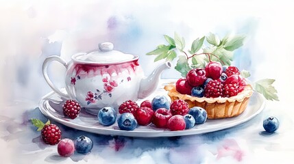 Still Life Painting of a Cup and Plate with Berries in a Classic Style