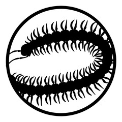 Stylized black and white vector illustration of a centipede in a circle