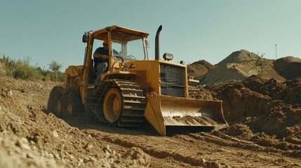 Obraz premium Heavy machinery operator using a bulldozer to clear land. Featuring coordination and precision