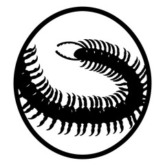 Black and white emblem of a centipede in a circular frame