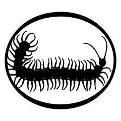 Black and white graphical depiction of a centipede within a circular border