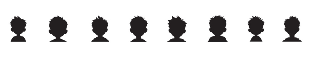 Silhouettes collection of young boys with different hairstyles.