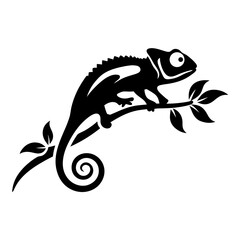 Elegant black silhouette of a chameleon perched on a leafy branch illustration