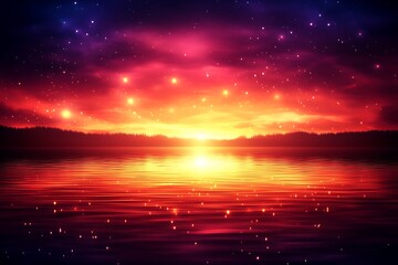 Naklejka premium Majestic water reflection of the sunset sky and stars landscape view