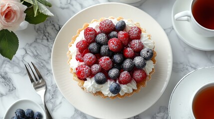 Delicious Dessert Plate with Fresh Berries and Cream
