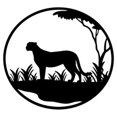 Black Silhouette of a Leopard in a Landscape Circle Illustration