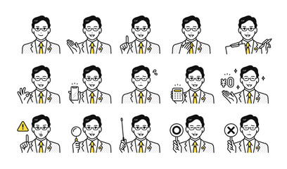 バッジをつけたスーツのミドル世代の男性の様々な表情アイコンセット