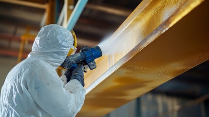 Industrial painter applying protective coating to a steel beam with a spray gun. Featuring precision and durability