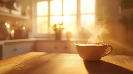 Morning Coffee Moment: Steaming cup of coffee on a wooden table, basking in warm sunlight in kitchen, evokes a sense of tranquility and inviting comfort of the perfect start.