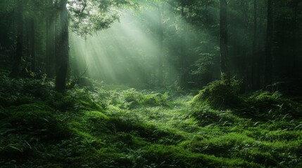 Fototapeta premium Sunlight filters through a dense forest canopy, illuminating a mossy forest floor