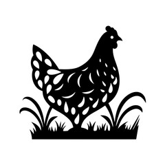 Elegant decorative black and white hen silhouette on a grassy ground