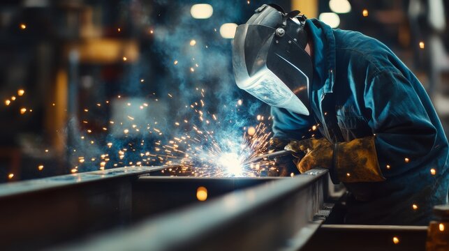 Industrial welder fusing steel beams for a structural framework. Featuring precision and craftsmanship - Powered by Adobe