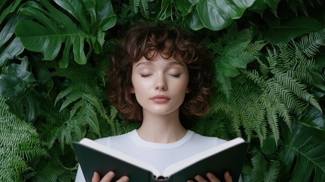 A serene young woman reads a book surrounded by lush green foliage, evoking tranquility and a connection to nature.