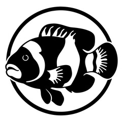 Black and white clownfish drawing in a simple circular frame design