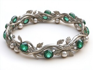 Vintage Style Emerald and Pearl Bracelet in Sterling Silver - Ornate Filigree Design Jewel with Floral Patterns and Green Gemstones for Elegant Personal Adornment