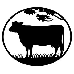 Black Silhouette of a Cow Grazing Under a Tree in an Oval Frame