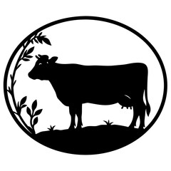Silhouette of a Dairy Cow in a Field with Plants in Circle