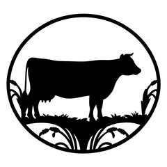 Silhouette of a cow in a field surrounded by a circular frame